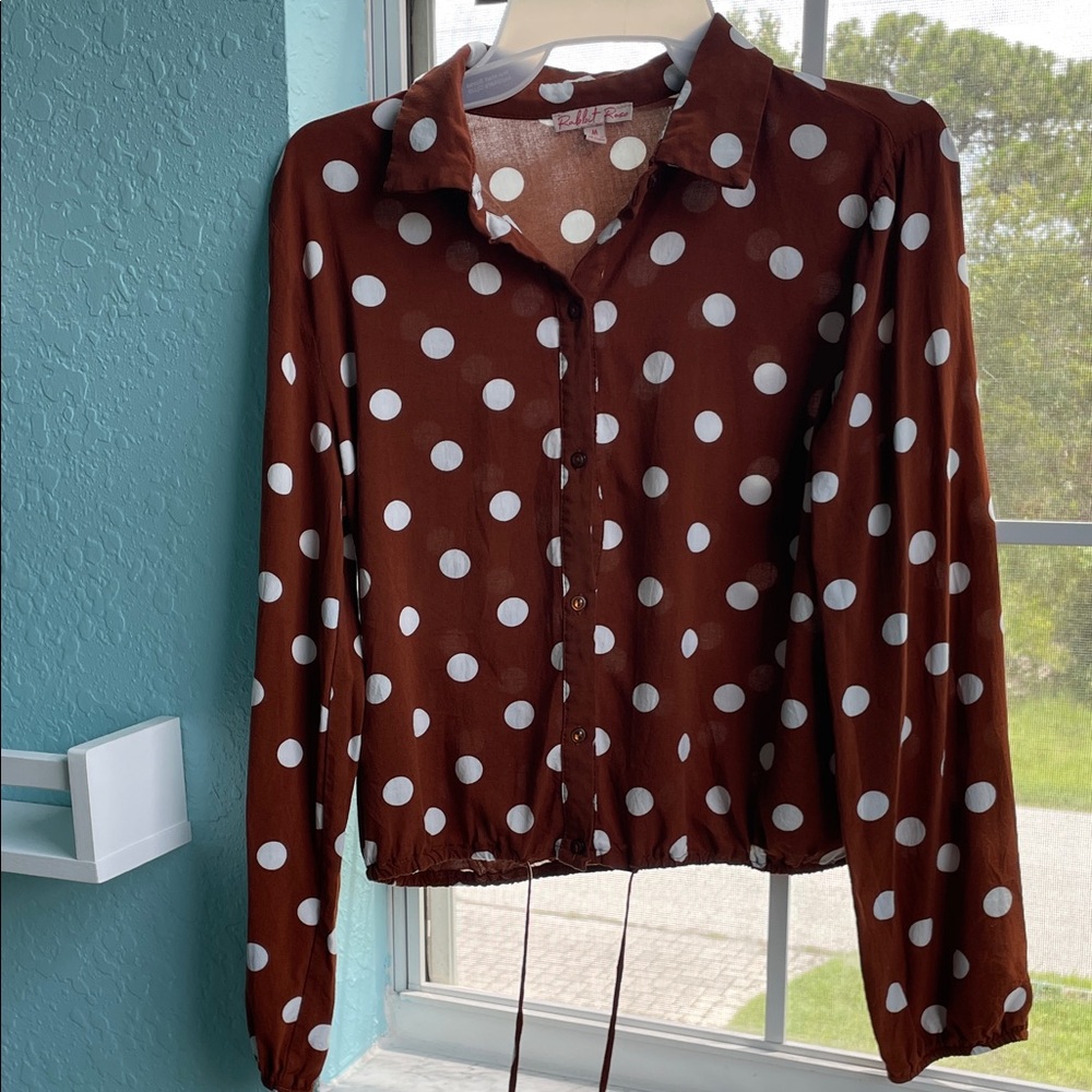 3/$30Elegant Brown Polka Dot Button Down Shirt